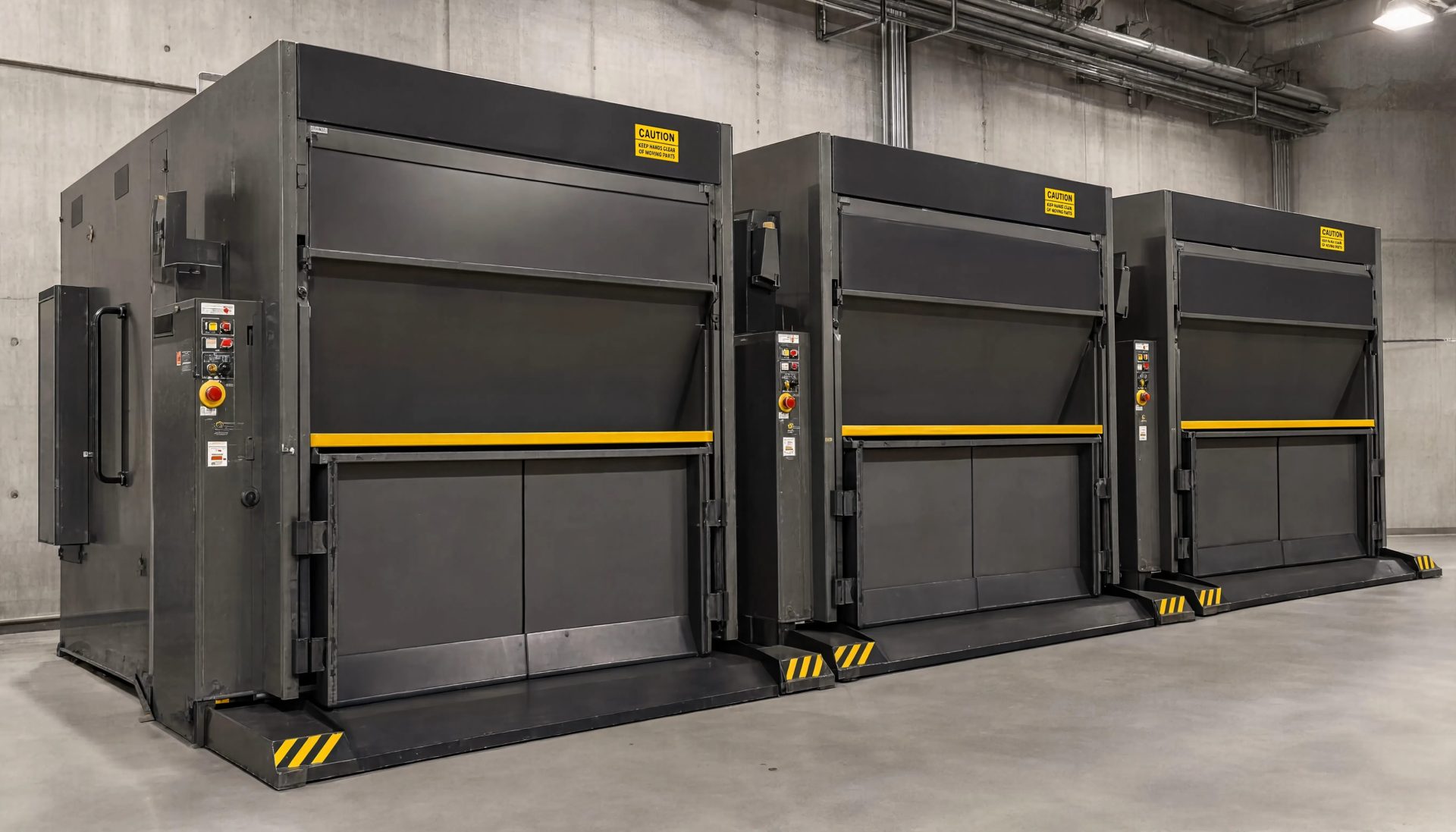 2 industrial trash compactors in a factory