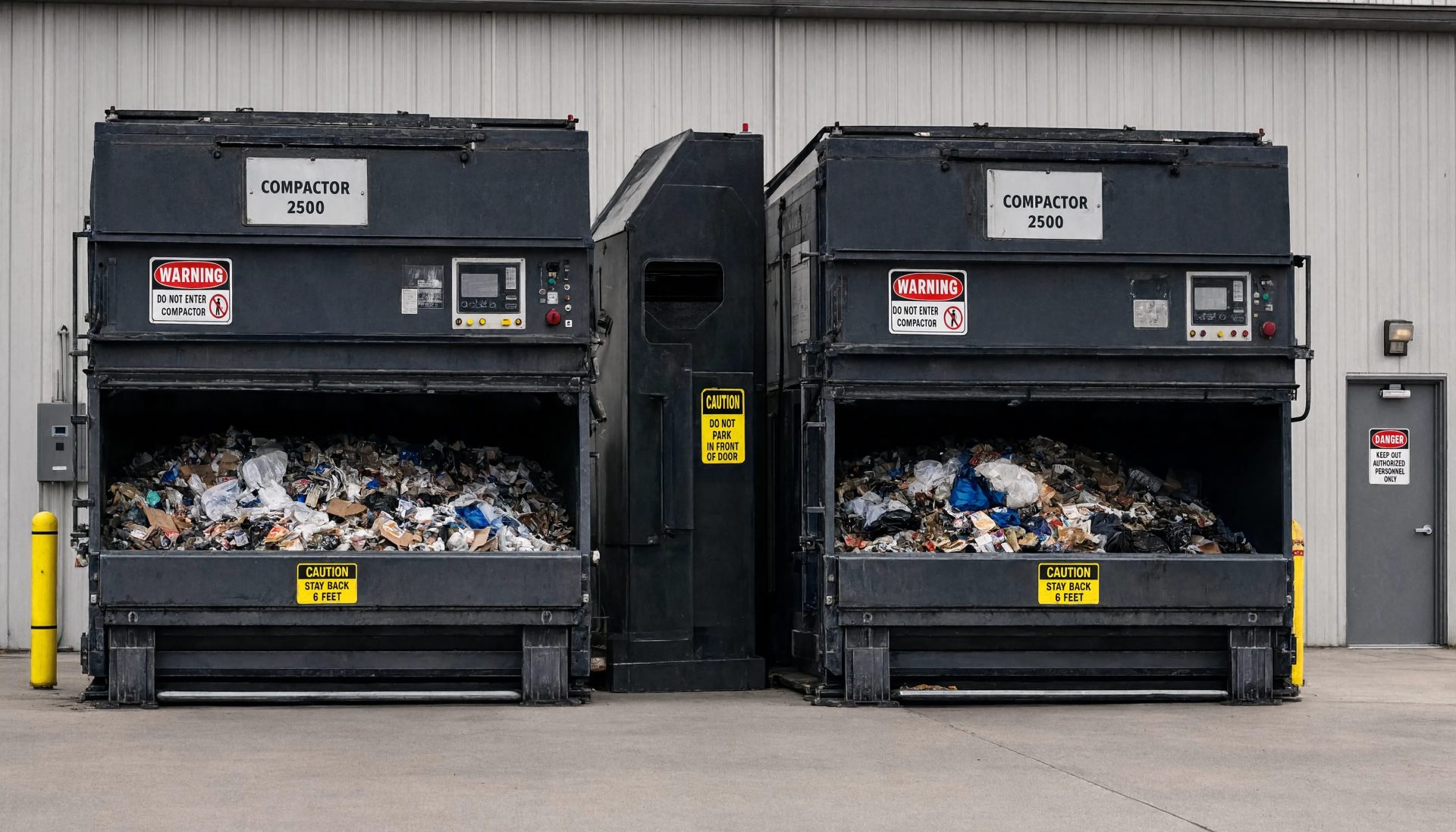 Industrial trash compactor on a loading dock