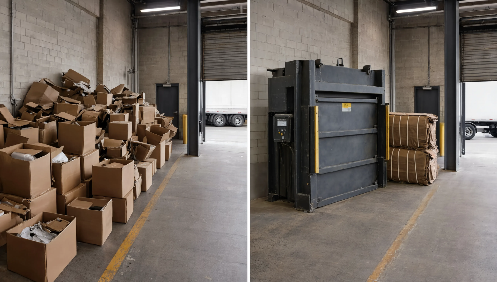a before and after image of a stack of cardboard boxes and freshly compressed into bales