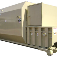 A large industrial beige trash compactor with wheels and a closed top door.